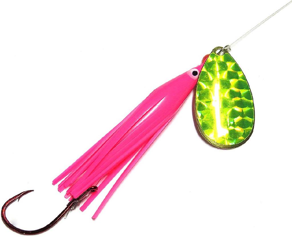 WICKED LURE SPINNER PINK/CHARTREUSE #5 BLADE-6ft LEADER W/1/0 RED GAMA HOOK